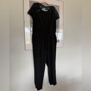 LOFT Black Lace Sleeve Drawstring Jumpsuit